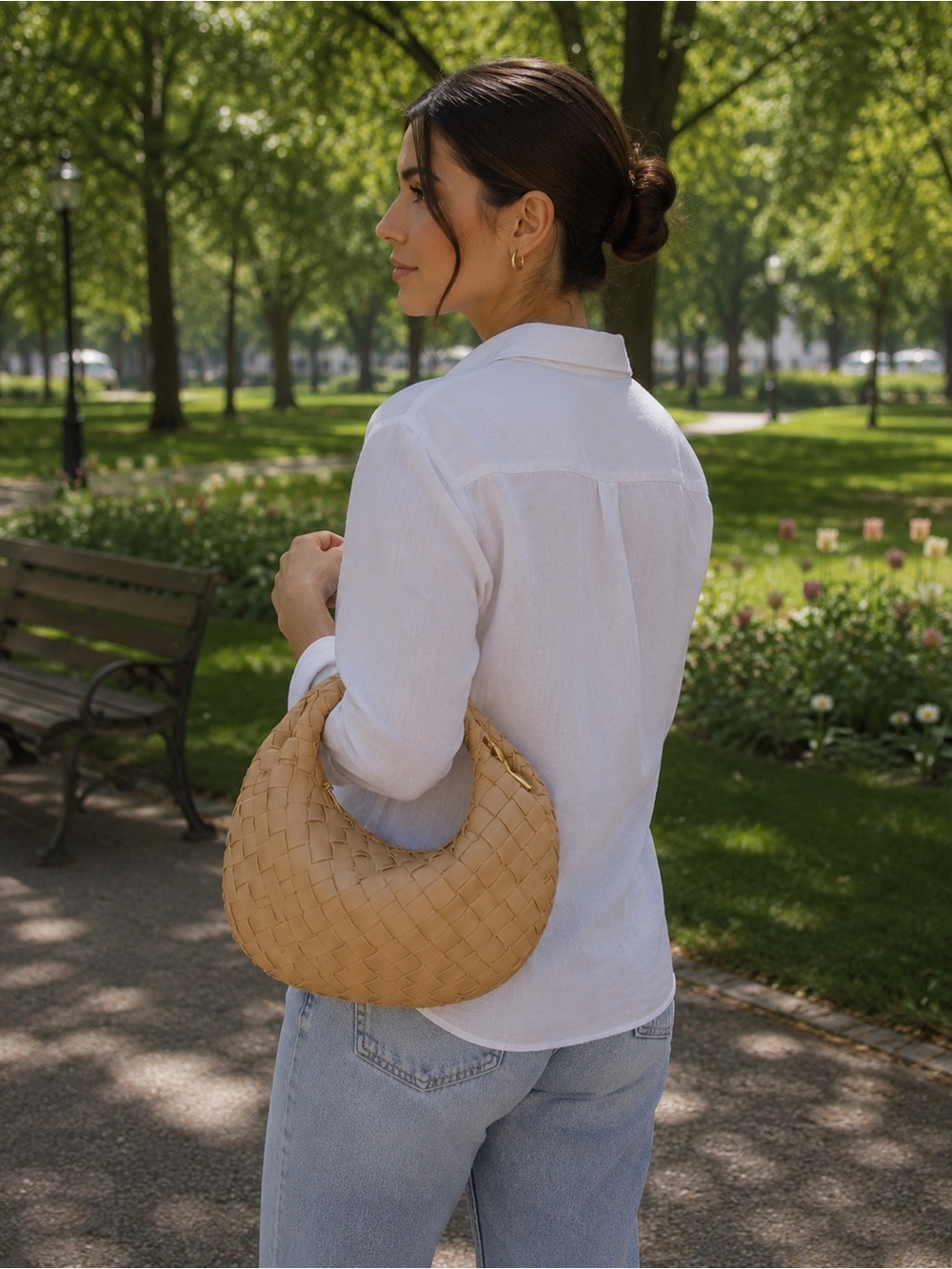 Urban Expressions Woven Crescent Shoulder Bag in Tan